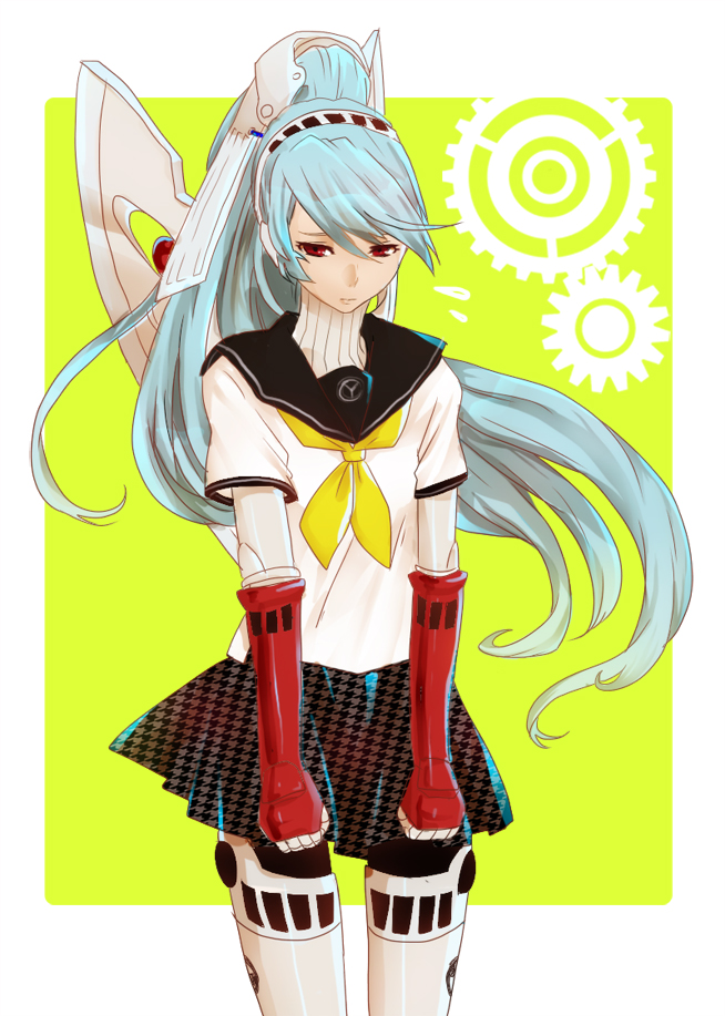 aqua_hair axe labrys long_hair miyami persona persona_4:_the_ultimate_in_mayonaka_arena pleated_skirt ponytail red_eyes robot_joints school_uniform skirt solo very_long_hair weapon
