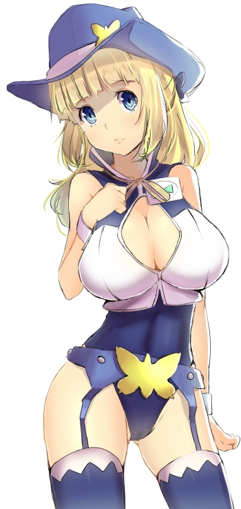 bare_shoulders blonde_hair blue_eyes blue_legwear breasts character_request cleavage cleavage_cutout contrapposto cowboy_hat eureka_seven_(series) eureka_seven_ao fleur_blanc garter_belt garter_straps hat huge_breasts long_hair magister_(bigbakunyuu) simple_background solo thigh-highs thighhighs white_background wrist_cuffs