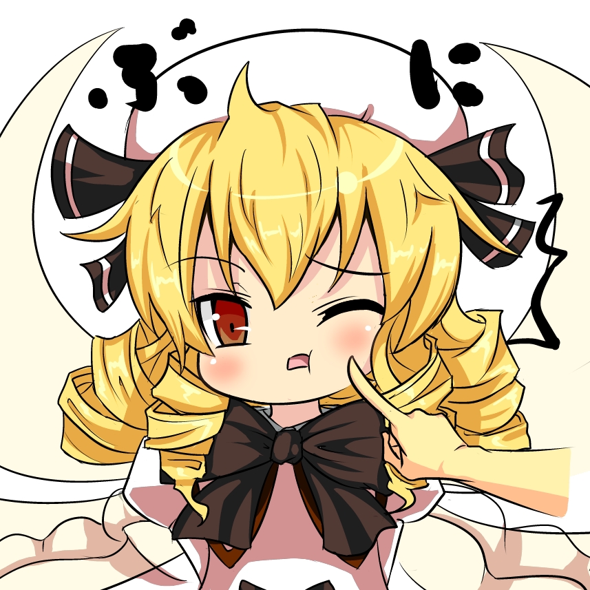 1girl blush bow cheek_poke drill_hair fairy_wings hands hat kururunpa luna_child open_mouth poking puffy_sleeves red_eyes solo touhou white_background wings wink
