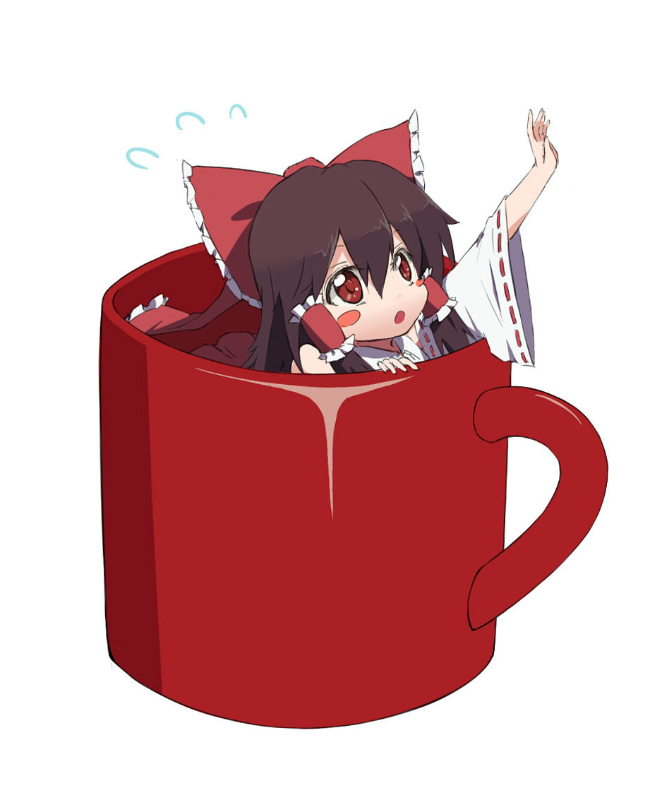 :o black_hair blush_stickers bow cup girl_in_a_cup girl_in_a_mug hair_bow hair_ornament hair_tubes hakurei_reimu in_container lunaticprince mug open_mouth reaching_out red_eyes solo touhou