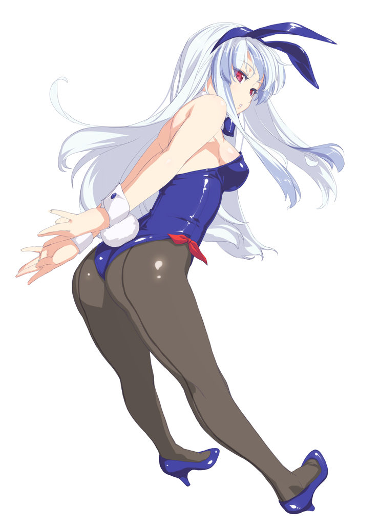 animal_ears ass breasts bunny_ears bunny_tail bunnysuit fake_animal_ears high_heels kamishirasawa_keine leotard long_hair looking_at_viewer pantyhose rabbit_ears red_eyes revision rokuwata_tomoe shoes silver_hair simple_background solo tail touhou white_background wrist_cuffs