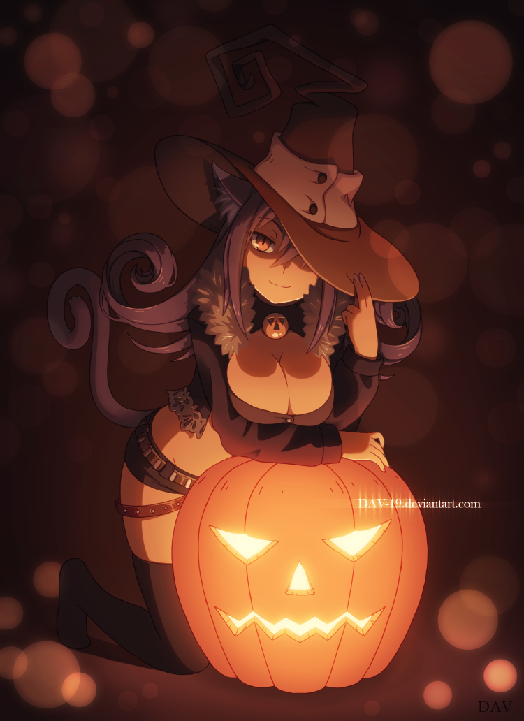 blair breasts cat cat_ears cleavage cleavage_cutout dav-19 hat jack-o'-lantern jack-o'-lantern kneeling large_breasts pumpkin purple_hair short_shorts shorts soul_eater tail witch_hat