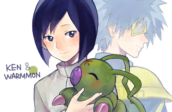 ayame_(artist) blue_hair blush character_name claws digimon digimon_adventure_02 dual_persona facial_mark forehead_mark ichijouji_ken insect projected_inset school_uniform short_hair shoulder_pads smile sunglasses wormmon