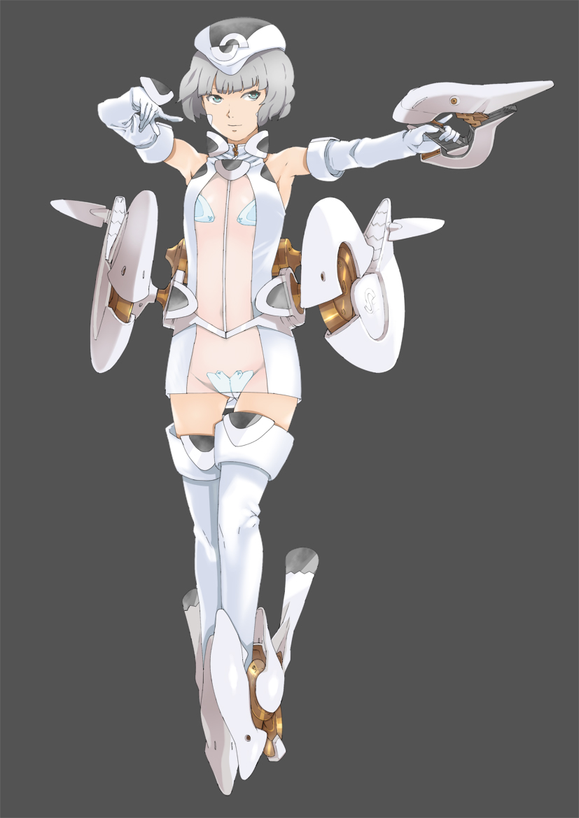 aqua_eyes bare_shoulders boots elbow_gloves flat_chest gloves grey_background grey_hair gun hat jack_hamster mound_of_venus original pointing see-through short_hair simple_background smile solo thigh-highs thigh_boots thighhighs weapon