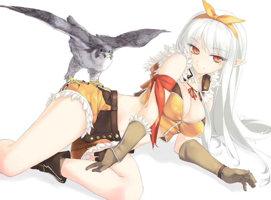 bare_shoulders bird boots breasts character_request cleavage falcon fingerless_gloves gloves hair_ribbon long_hair looking_at_viewer lying midriff on_side peregrine_falcon pointy_ears ragnarok_online red_eyes ribbon rokuwata_tomoe shorts silver_hair simple_background smile sniper_(ragnarok_online) solo white_background