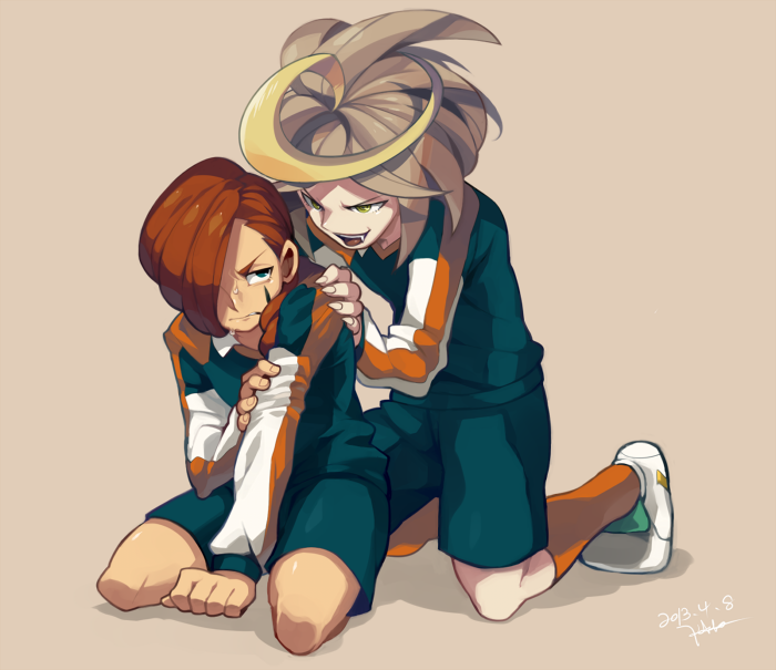 character_request dated goalkeeper hair_over_one_eye hands_on_shoulders inazuma_eleven_(series) inazuma_eleven_go kneeling monoka no_gloves open_mouth raimon signature simple_background soccer_uniform