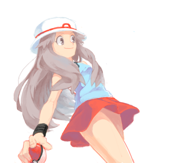 blue_(pokemon) drawr from_below hat holding holding_poke_ball long_hair mimizubare poke_ball pokemon pokemon_(game) pokemon_frlg porkpie_hat skirt