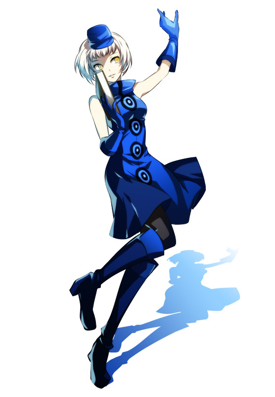 blue_dress book boots cota dress elizabeth_(persona) gloves hat pantyhose persona persona_3 short_hair solo thigh-highs thigh_boots thighhighs white_hair yellow_eyes