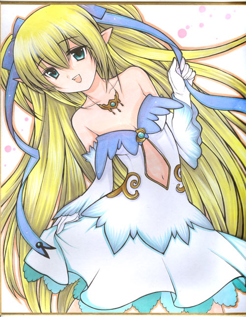 bare_shoulders blonde_hair bow breasts cleavage detached_sleeves dress elbow_gloves elf gloves green_eyes hair_bow jewelry long_hair navel necklace original pointy_ears solo sskingdom