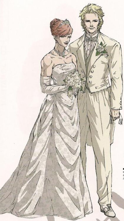 1girl alternate_hairstyle bare_shoulders blonde_hair bouquet concept_art couple dress elbow_gloves flower formal gloves hair_bun jewelry johnny_sasaki meryl_silverburgh metal_gear metal_gear_solid metal_gear_solid_4 muscle necklace official_art red_hair redhead scan strapless_dress suit tiara wedding_dress white_dress white_gloves