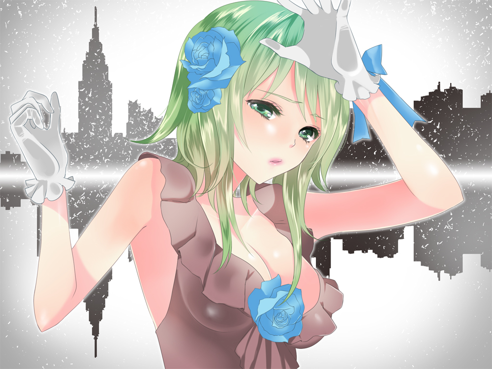 1hayu blue_rose breasts building cityscape cleavage flower gloves green_eyes green_hair gumi hair_flower hair_ornament reflection rose short_hair silhouette sleeveless solo vocaloid