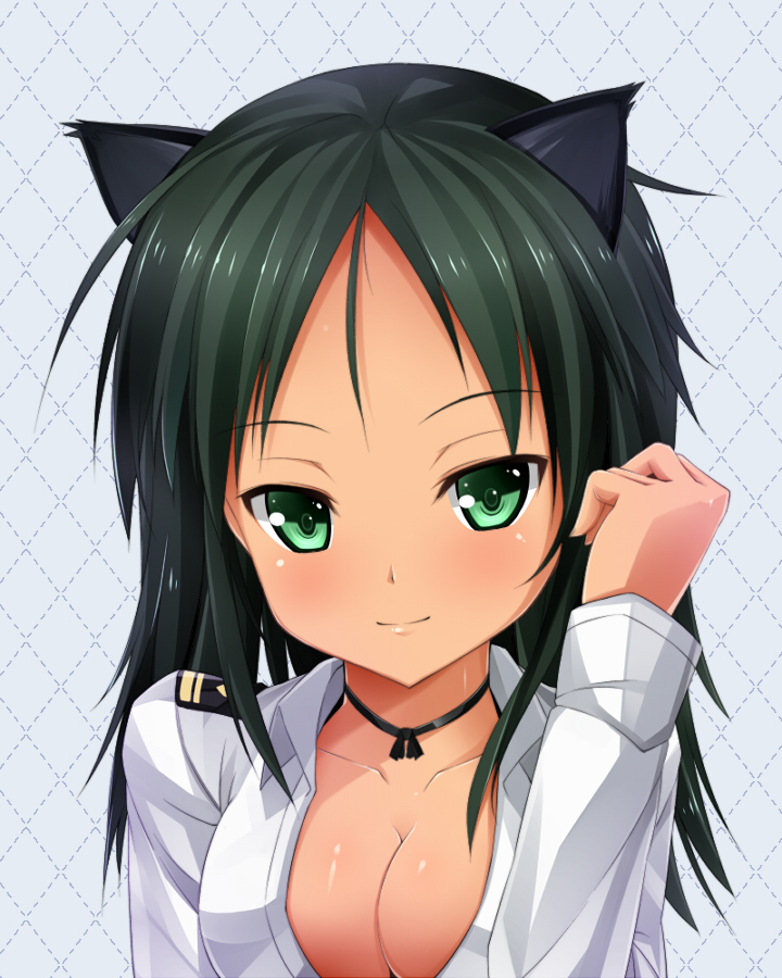 adult animal_ears black_hair blush breasts bust cat_ears cleavage collarbone francesca_lucchini green_eyes kuragari shirt smile solo strike_witches