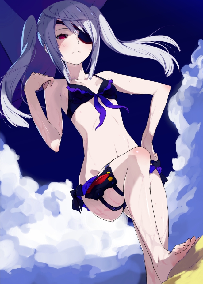bare_shoulders barefoot bikini cloud clouds eyepatch feet infinite_stratos kagetomo_midori laura_bodewig navel red_eyes silver_hair sky solo swimsuit toes twintails wet