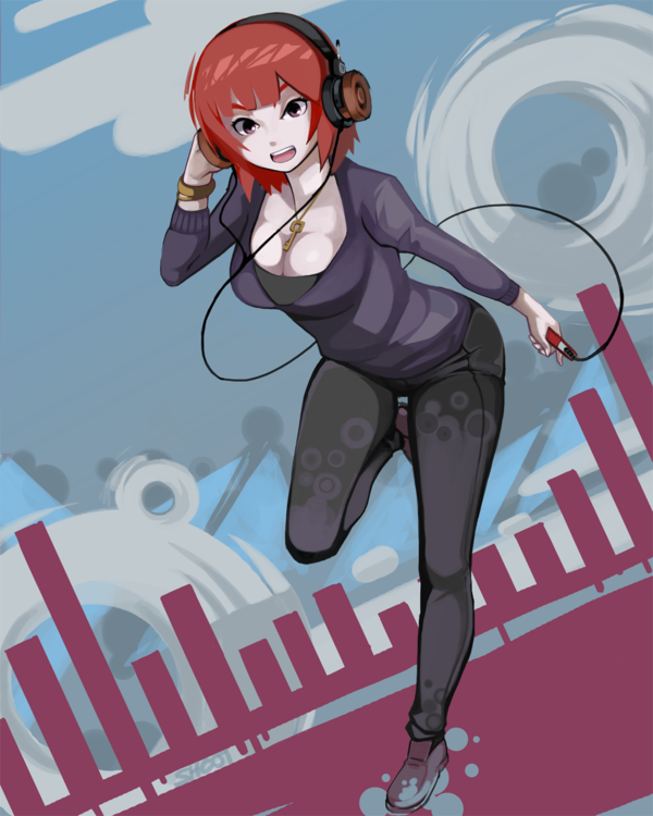 breasts cleavage copyright_request digital_media_player grado_labs headphones jewelry key large_breasts necklace open_mouth pale_skin pants purple_eyes red_hair redhead running shoji-ikari short_hair solo violet_eyes