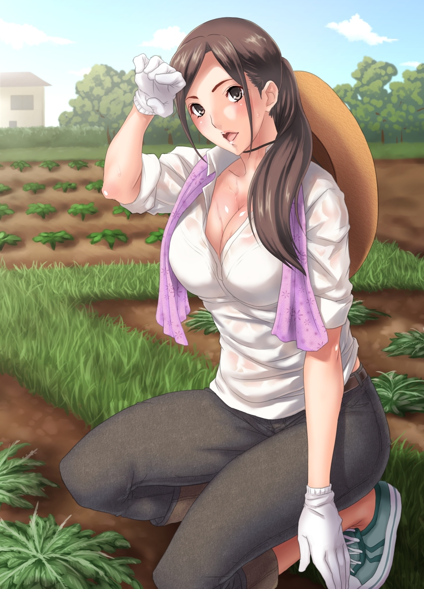 1girl breasts brown_eyes brown_hair cleavage dirt farm field gloves grass hat highres jeans kneeling large_breasts long_hair original ponytail rokko sleeves_rolled_up solo sweat sweating wet_clothes wiping_sweat