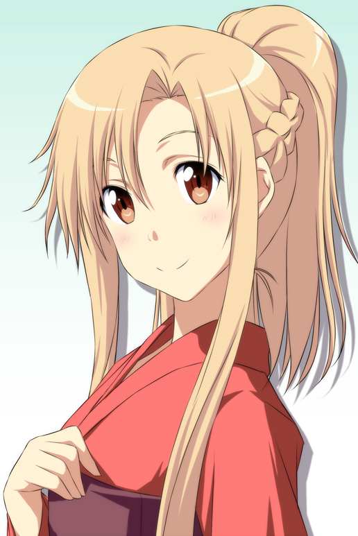 asuna_(sao) braid brown_eyes brown_hair gradient gradient_background japanese_clothes kimono long_hair looking_at_viewer nori_tamago obi payot ponytail simple_background smile solo sword_art_online