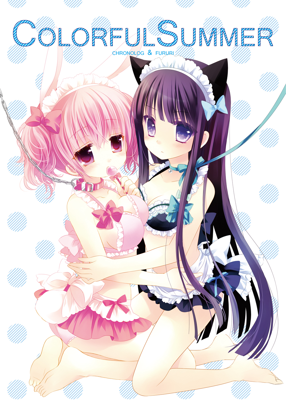 animal_ears apron bare_shoulders barefoot blush bow bra breasts bunny_ears candy cat_ears chain character_request collaboration collar english feet frills hair_bow highres hinayuki_usa inu_x_boku_ss kneeling leash lollipop long_hair looking_at_viewer maid maid_headdress multiple_girls neck_ribbon panties pink_eyes pink_hair purple_eyes purple_hair rabbit_ears ribbon ribbon_choker roromiya_karuta sakurazawa_izumi shirakiin_ririchiyo short_hair skirt soles toes underwear violet_eyes white_background