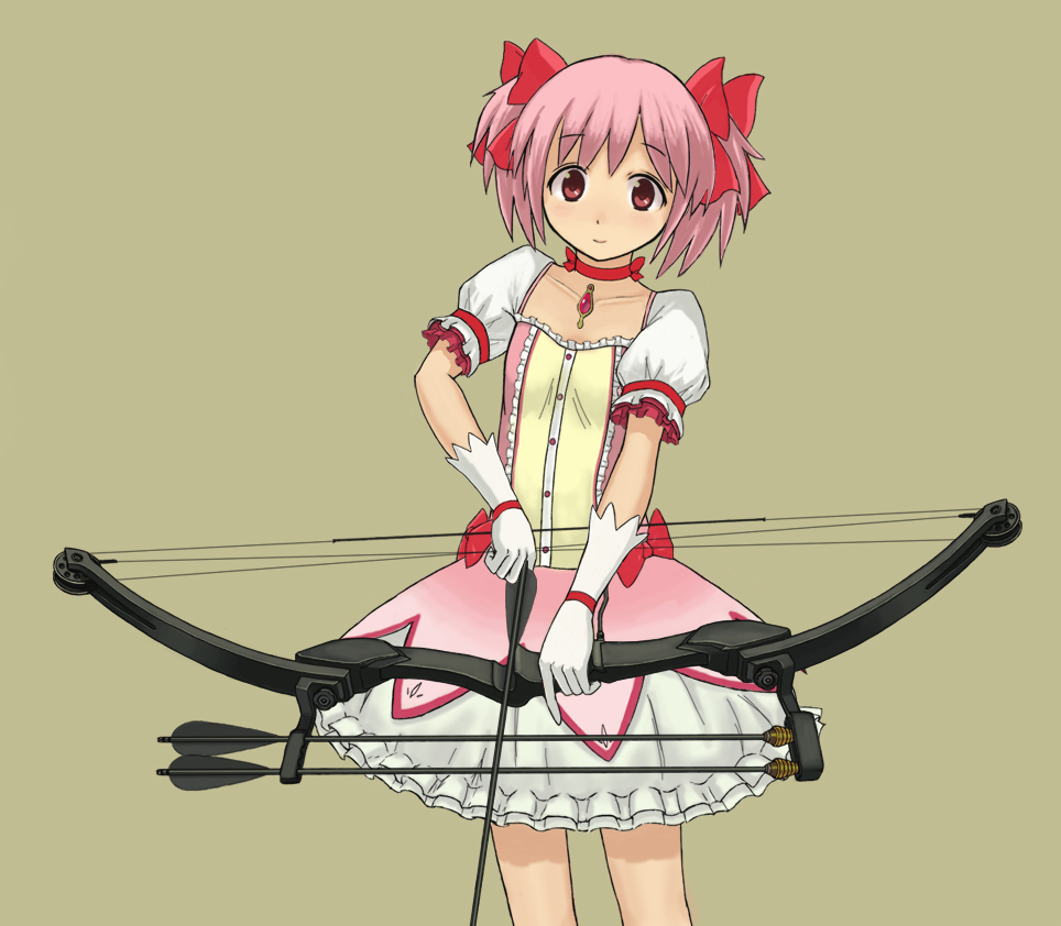 arrow bow_(weapon) choker compound_bow dress gloves kaname_madoka lance_blue mahou_shoujo_madoka_magica pink_eyes pink_hair puffy_sleeves rambo short_twintails simple_background twintails weapon