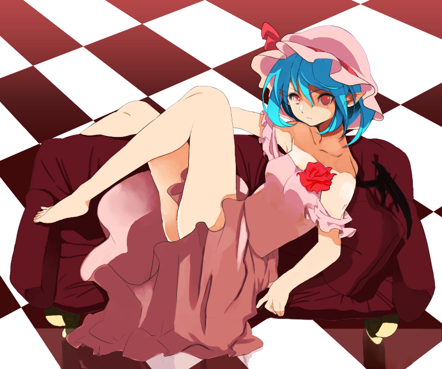 bare_shoulders barefoot bat_wings blue_hair checkered checkered_floor couch dress flower hat looking_at_viewer po._(medamaoyazi) pointy_ears red_eyes remilia_scarlet rose short_hair solo touhou wings