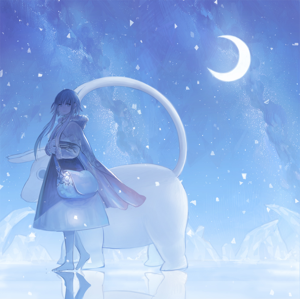 animal bag barefoot black_hair crescent_moon dress ice long_hair moon night original payot reflection shimetta_oshime shoulder_bag sky snow snowing solo star_(sky) starry_sky twintails walking