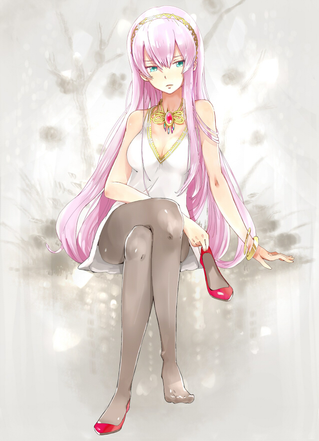 breasts cleavage feet high_heels jewelry megurine_luka necklace no_shoes pantyhose pink_hair shoes single_shoe solo tanaka_(colorcorn) vocaloid