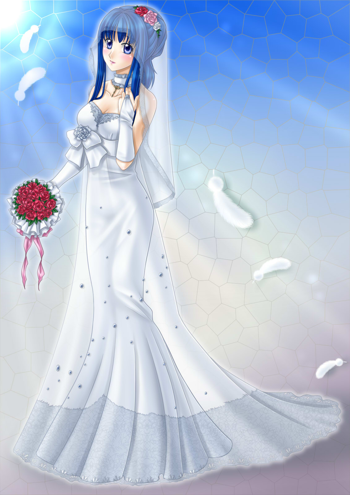 bare_shoulders blue_eyes blue_hair blush bouquet breasts bridal_veil cleavage collar collarbone dress feathers fire_emblem fire_emblem:_mystery_of_the_emblem flower gloves hair_flower hair_ornament highres jewelry long_hair necklace pegasus_knight ribbon sheeda smile solo veil wedding_dress yuino_(fancy_party)