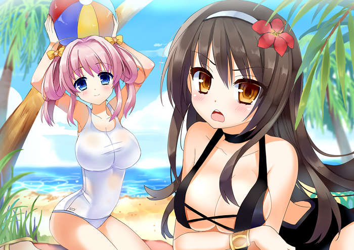 armpits arms_up ball beach beachball bikini black_hair blue_eyes blush bow breasts brown_eyes cleavage crossed_arms flower hair_bow hair_flower hair_ornament hair_up hairband kurot large_breasts long_hair looking_at_viewer multiple_girls one-piece_swimsuit open_mouth original pink_hair sand smile swimsuit