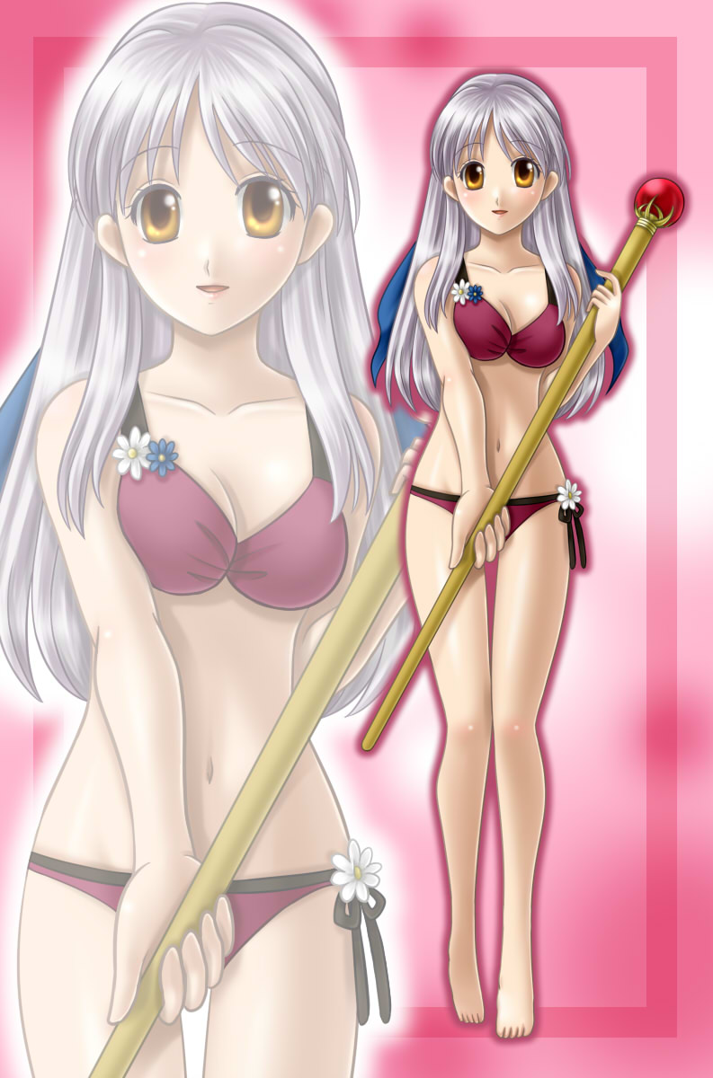 bare_shoulders barefoot bikini blush breasts cleavage collarbone fire_emblem fire_emblem:_akatsuki_no_megami flower highres long_hair micaiah midriff navel open_mouth side-tie_bikini silver_hair solo staff swimsuit yellow_eyes yuino_(fancy_party) zoom_layer