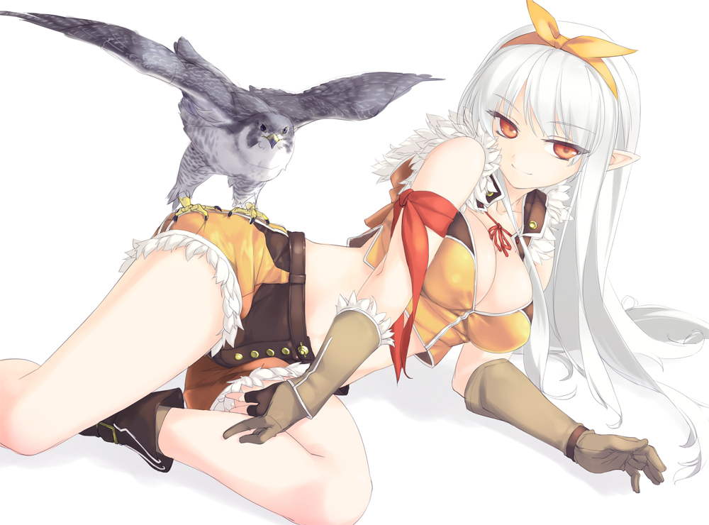 bare_shoulders bird boots breasts character_request cleavage duplicate falcon fingerless_gloves gloves hair_ribbon long_hair looking_at_viewer lying midriff on_side peregrine_falcon pointy_ears ragnarok_online red_eyes revision ribbon rokuwata_tomoe shorts silver_hair simple_background smile sniper_(ragnarok_online) solo white_background