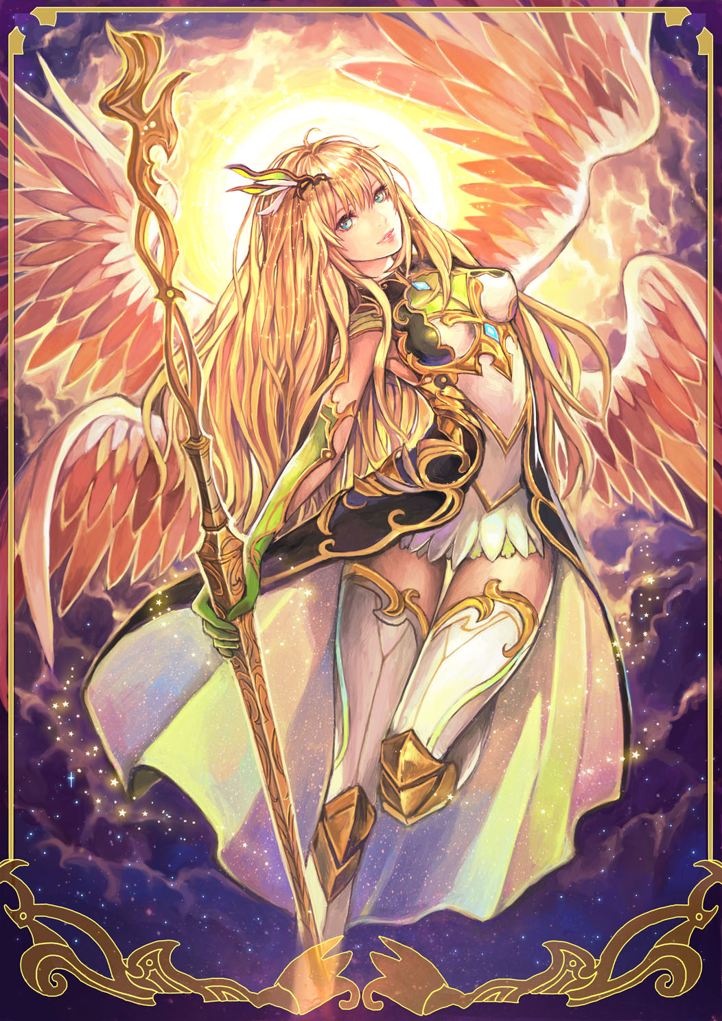 arched_back armor blonde_hair blue_eyes breasts cleavage hair_ornament highres leg_up long_hair looking_at_viewer multiple_wings original solo sono thigh-highs thigh_gap thighhighs weapon wings zettai_ryouiki