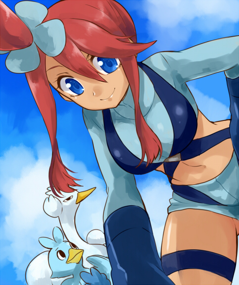 1girl bangs bent_over blue_eyes blue_sky ducklett fuuro_(pokemon) gloves gym_leader hair_ornament irouha looking_at_viewer looking_down midriff navel payot pokemon pokemon_(creature) pokemon_(game) pokemon_bw pokemon_bw2 red_hair redhead shorts sky smile suspenders swanna swept_bangs