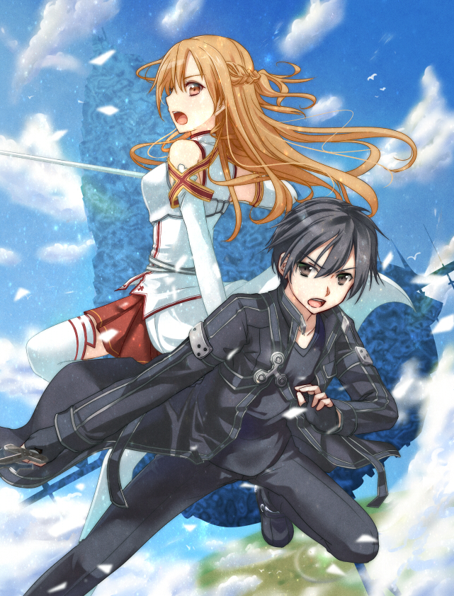 1girl aincrad armor asuna_(sao) back-to-back bare_shoulders black_eyes black_hair boots braid brown_eyes brown_hair cloud clouds kirito komore open_mouth pleated_skirt skirt sword sword_art_online thigh-highs thigh_boots thighhighs weapon