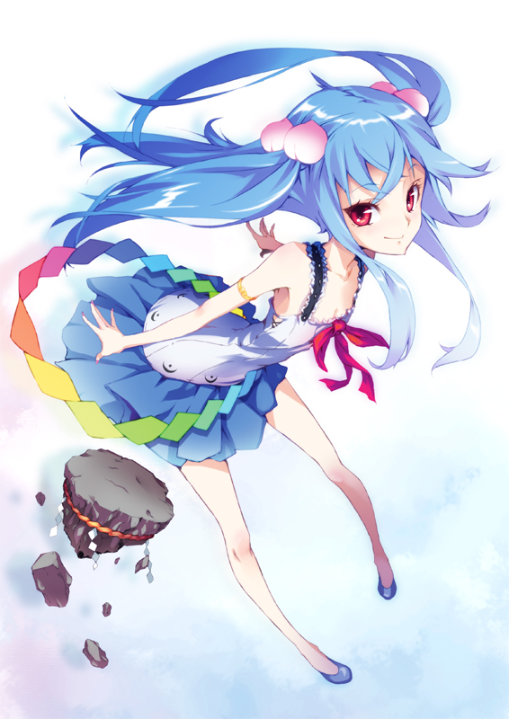 alternate_hairstyle blue_hair dress food fruit hinanawi_tenshi hong_(white_spider) keystone long_hair looking_at_viewer multiple_girls no_hat no_headwear peach red_eyes smile solo touhou twintails