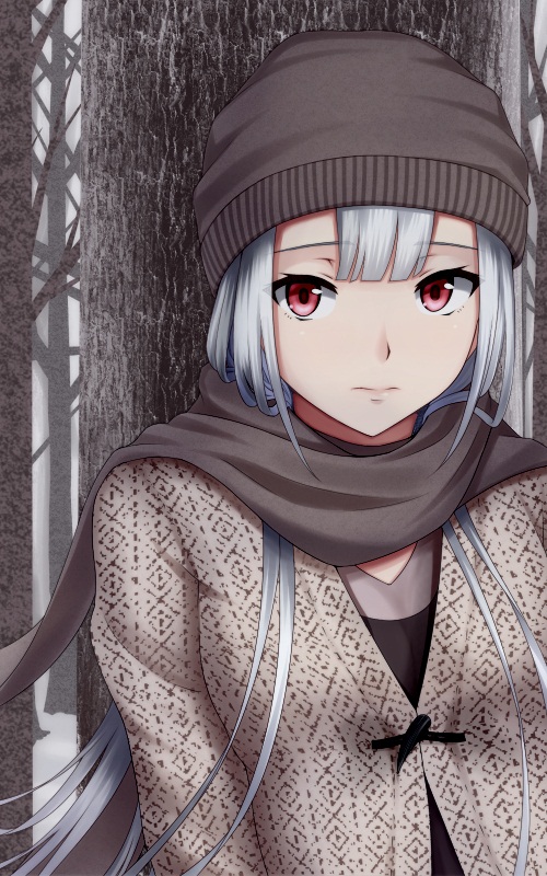 bare_tree beanie bust casual hat heisei_yutorin long_hair original red_eyes scarf silver_hair tree winter