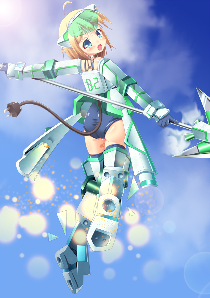 1girl :d animal_ears armor bandaid blonde_hair blue_eyes blush cloud clouds copyright_request exoskeleton flying gloves irie_sekine looking_at_viewer mecha open_mouth polearm short_hair sky smile solo spear swimsuit weapon