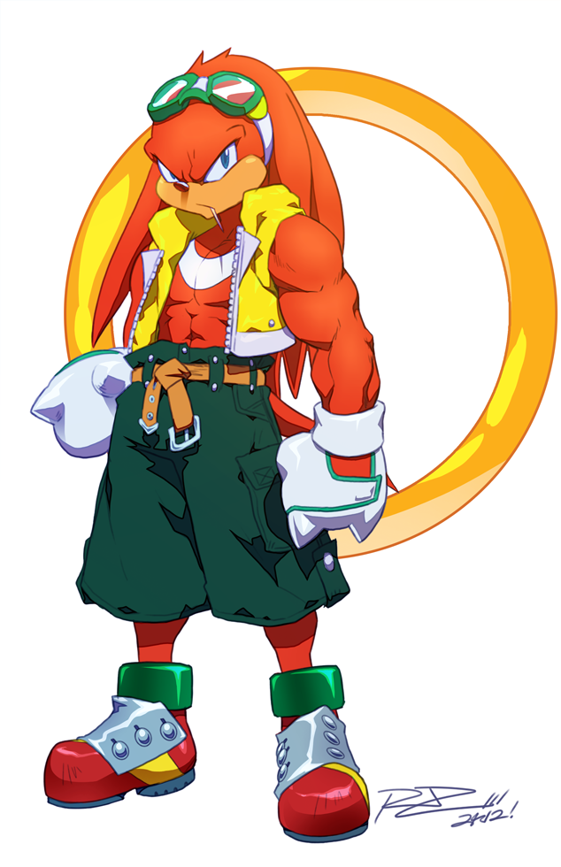1boy 2012 belt blue_eyes dated furry gloves goggles goggles_on_head jewelry knuckles_the_echidna looking_at_viewer male mouth_hold muscle parody rat_rage red_hair redhead ring robaato scowl shorts signature solo sonic_the_hedgehog standing style_parody toothpick toothpick_in_mouth vest