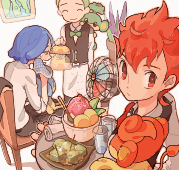 3boys blue_hair corn_(pokemon) dent_(pokemon) drawr fan food green_hair gym_leader multiple_boys panpour pansage pansear pod_(pokemon) pokemon pokemon_(creature) pokemon_(game) pokemon_bw pomin red_hair redhead summer waiter water