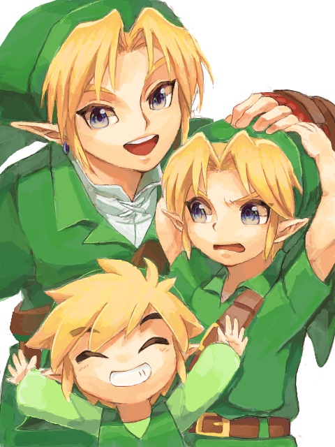 3boys blue_eyes boy earrings gloves jewelry karatou link male multiple_boys multiple_persona ocarina_of_time pointy_ears smile the_legend_of_zelda toon_link wind_waker