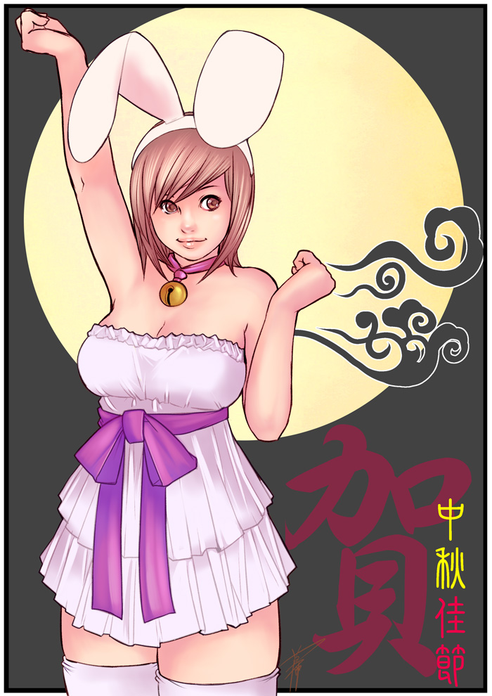 animal_ears arm_up bare_shoulders bell breasts brown_eyes brown_hair bunny_ears choker cleavage dress fake_animal_ears hairband jewelry jingle_bell kusagami_style large_breasts lips moon moon_rabbit necklace original rabbit_ears ribbon short_hair signature smile solo thick_thighs thigh-highs thighhighs thighs white_legwear zettai_ryouiki zhongqiujie