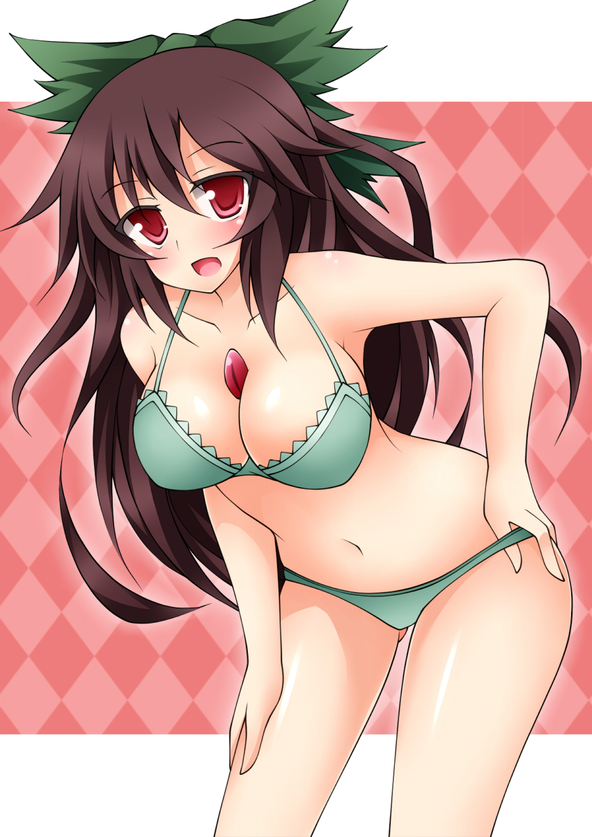 argyle argyle_background bent_over blush bow bra breasts brown_hair cleavage collarbone green_bra green_panties hair_bow highres large_breasts long_hair looking_at_viewer navel no_wings open_mouth panties red_eyes reiuji_utsuho smile solo strap_pull taku10 third_eye touhou underwear underwear_only very_long_hair