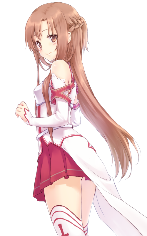 asuna_(sao) bare_shoulders brown_eyes brown_hair detached_sleeves irimo-m long_hair simple_background skirt solo sword_art_online thigh-highs thighhighs white_background white_legwear