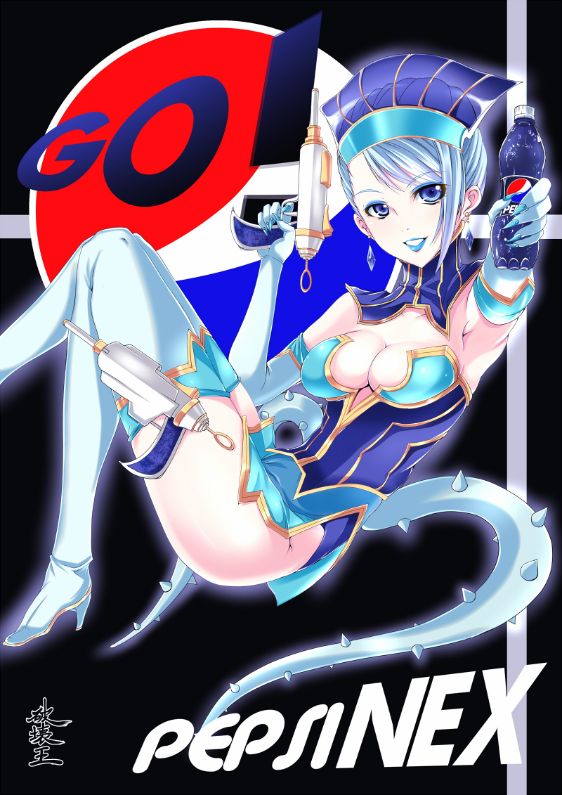 bare_shoulders blue_eyes blue_hair blue_rose_(tiger_&amp;_bunny) boots breasts bxssp754 cleavage earrings elbow_gloves gloves gun hat high_heels jewelry karina_lyle lipstick makeup pepsi_nex product_placement shoes short_hair superhero thigh-highs thigh_boots thighhighs tiger_&amp;_bunny weapon