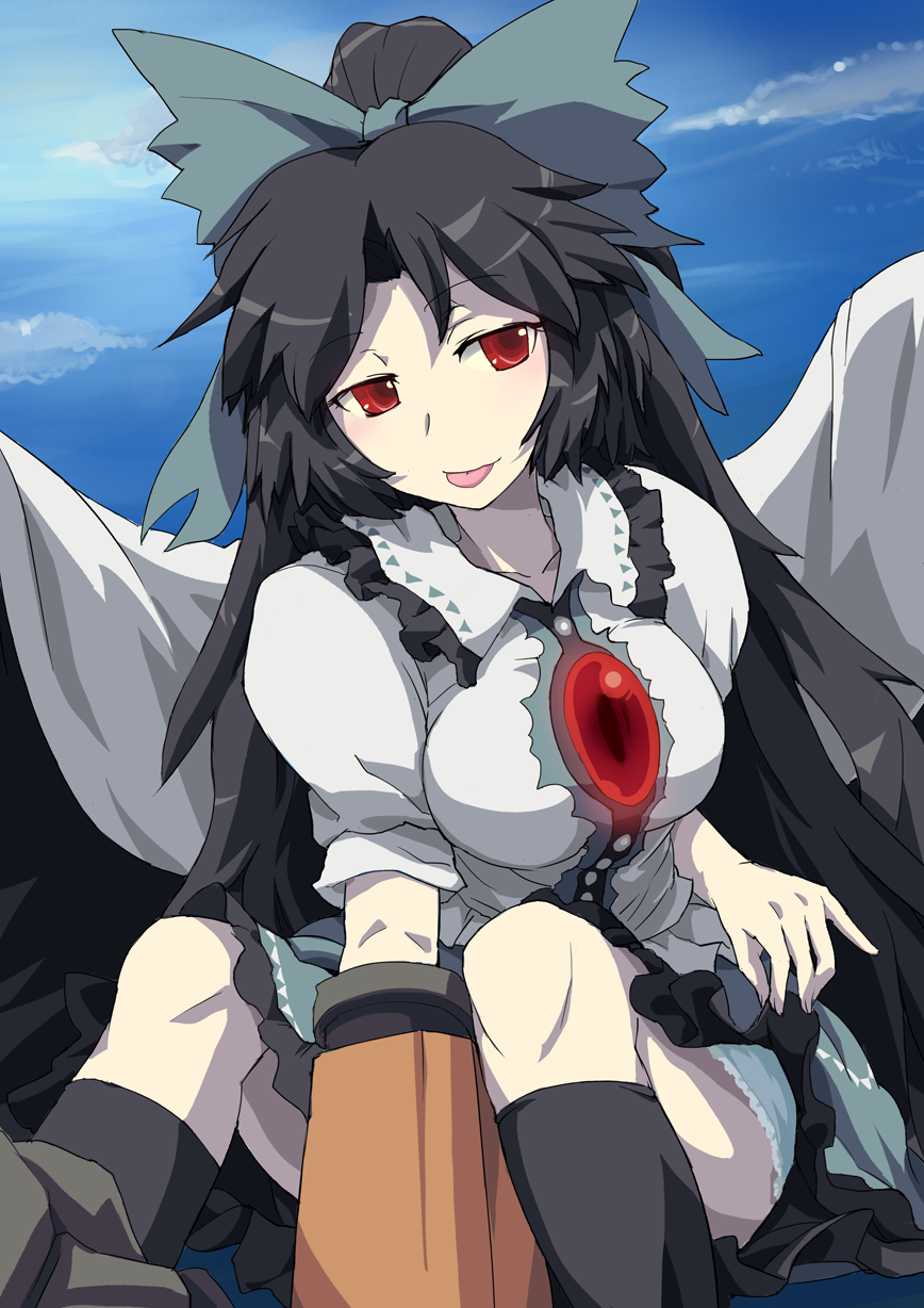 arm_cannon black_hair black_legwear black_wings blue_sky bow breasts cape cloud clouds concrete hair_bow highres kneehighs large_breasts long_hair ponytail red_eyes reiuji_utsuho shirt sinzan sitting skirt skirt_lift sky solo third_eye tongue tongue_out touhou very_long_hair weapon wings
