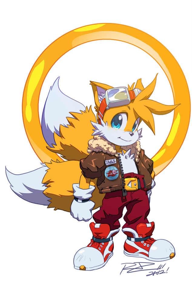 1boy 2012 animal_ears belt blonde_hair blue_eyes character_name child clenched_hand dated furry gloves goggles goggles_on_head jacket jewelry looking_at_viewer male miles_prower multiple_tails parody rat_rage ring robaato signature smile solo sonic_the_hedgehog standing style_parody tail