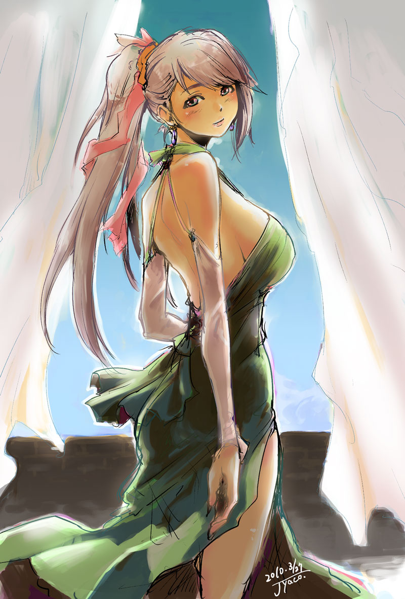 bare_shoulders breasts copyright_request detached_sleeves dress earrings female hair_ornament highres huge_breasts jewelry jyaco long_hair ponytail profile sideboob silver_hair solo standing thighs