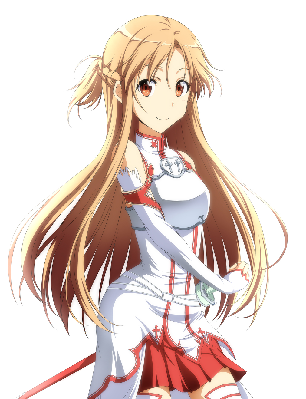 asuna_(sao) bare_shoulders breastplate brown_eyes brown_hair detached_sleeves highres long_hair looking_at_viewer nori_tamago simple_background skirt smile solo sword sword_art_online thigh-highs thighhighs weapon white_background white_legwear