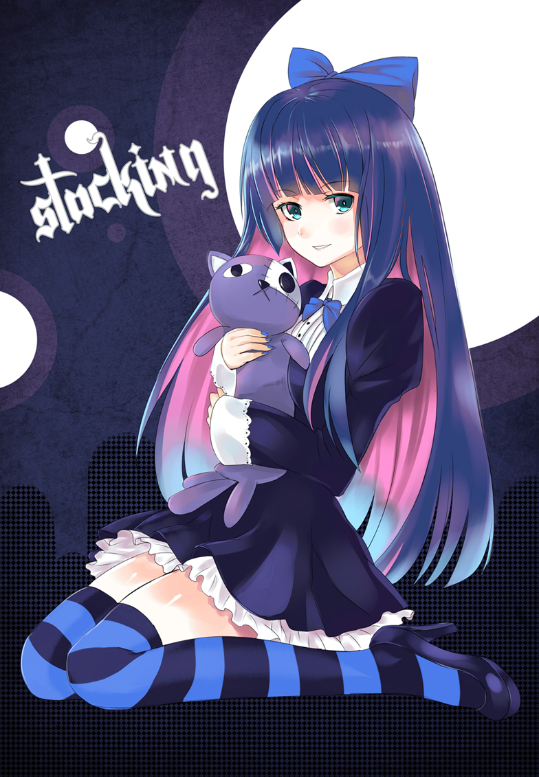 bad_id blue_eyes blue_hair character_name devildogs dress gothic_lolita hime_cut holding lolita_fashion long_hair looking_at_viewer multicolored_hair nail_polish panty_&amp;_stocking_with_garterbelt pink_hair smile solo stocking_(psg) striped striped_legwear stuffed_cat thigh-highs thighhighs