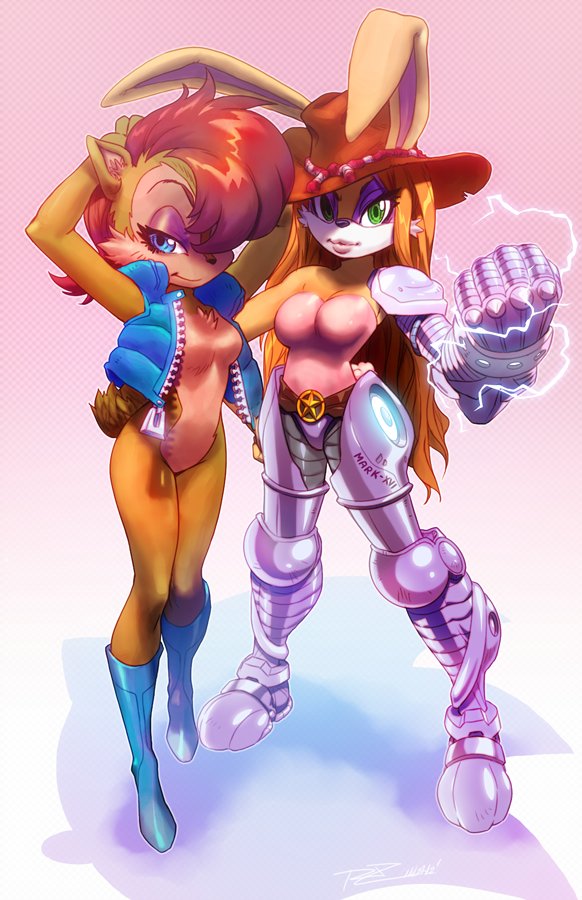 2girls animal_ears belt blue_eyes boots breasts brown_hair bunnie_rabbot bunny bunny_ears chipmunk clenched_hand clothing couple cowboy_hat cyborg electricity female fist furry green_eyes hand_on_hip hat lagomorph lapine lips long_hair looking_at_viewer multiple_girls parody pose rabbit rabbit_ears rat_rage red_hair redhead robaato rodent sally_acorn sega shadow short_hair smile sonic_(series) sonic_the_hedgehog squirrel standing style_parody vest