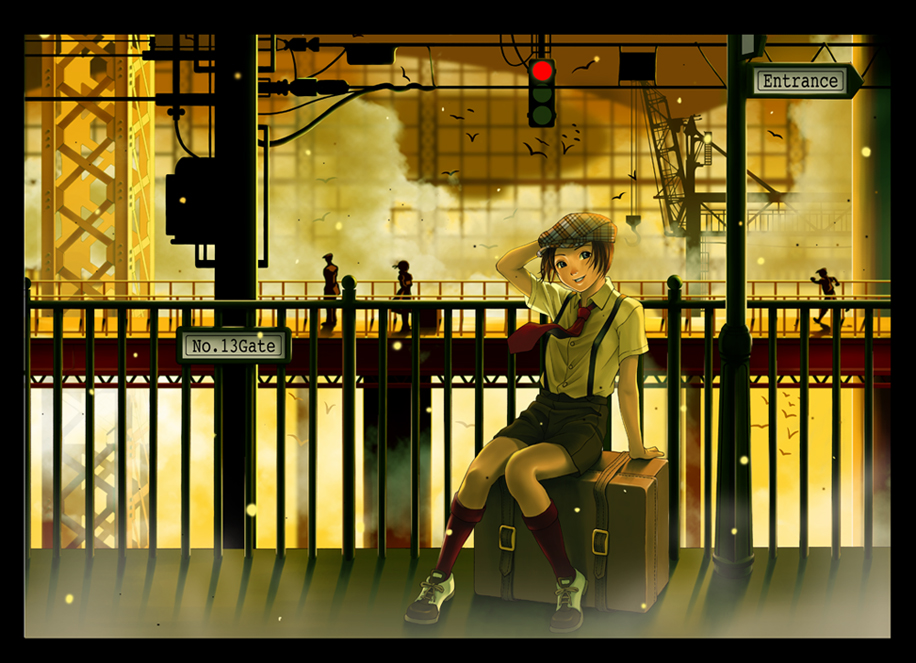 brown_hair fuwa_makoto hand_on_hat hat necktie original short_hair silhouette sitting sitting_on_object skirt smile steampunk suspenders train_station trunk wind