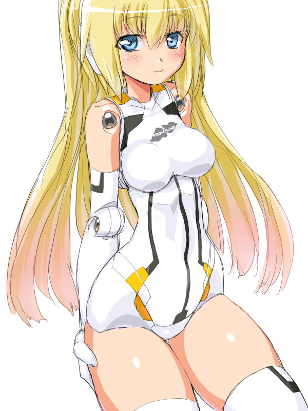 arnval bare_shoulders blonde_hair blue_eyes bodysuit breasts busou_shinki dd_(artist) doll_joints elbow_gloves gloves light_smile long_hair simple_background solo thigh-highs thighhighs thighs white_background white_gloves white_legwear